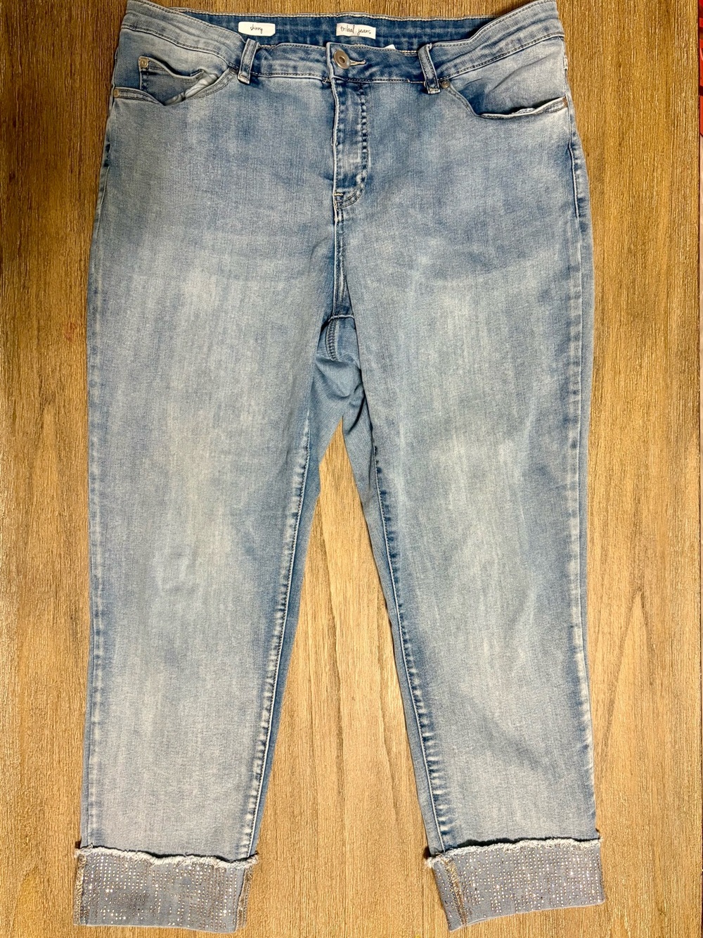Tribal Jeans Size 16 Light Wash Rhinestone Cuff Stretch Ankle Jeans